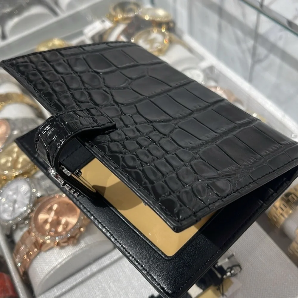 Michael Kors Empire Metallic Crocodile Embossed Leather Passport Wallet Black